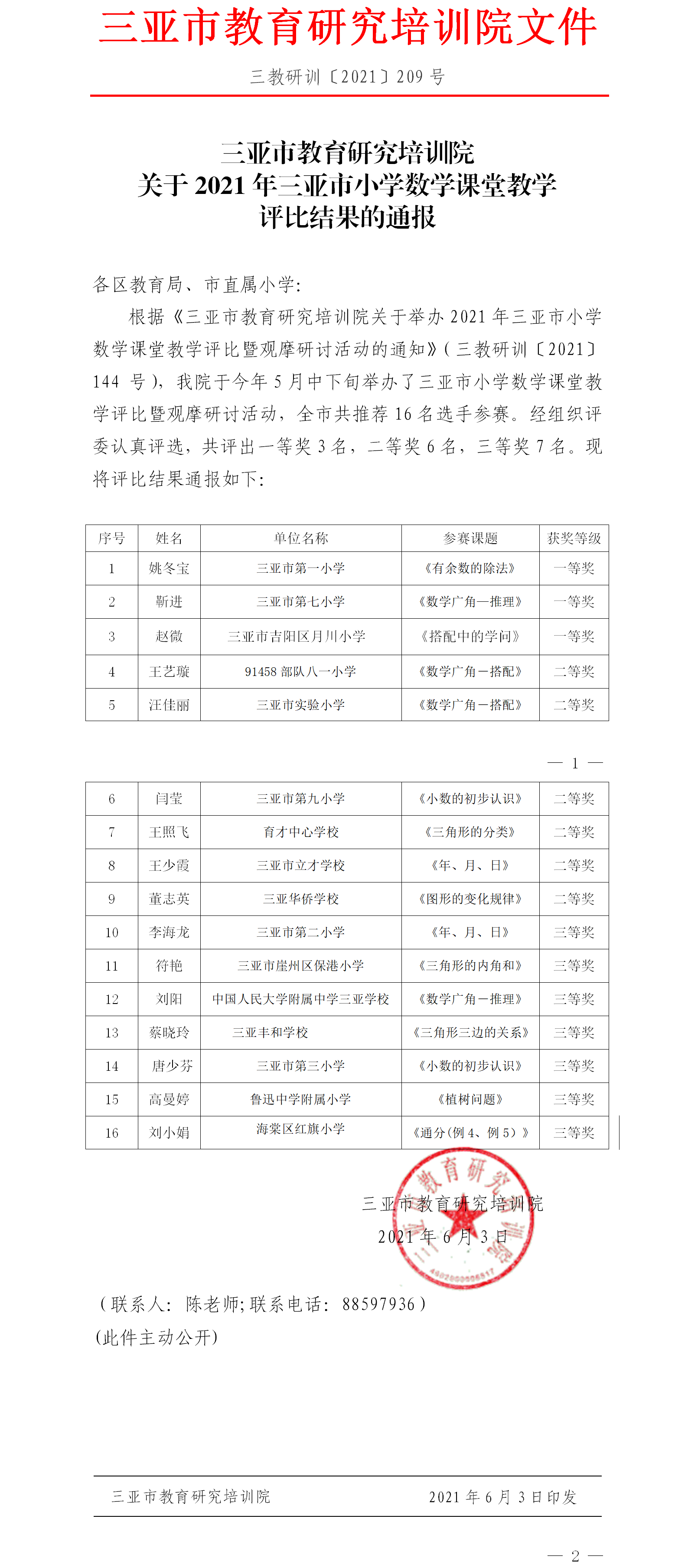 三亚市教育研究培训院关于2021年全市小学数学课堂教学评比结果的通报.png